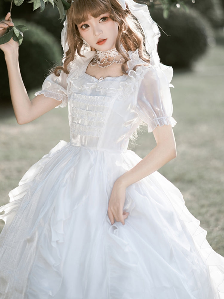 White Lace Satin Mid-Length Princess Line Dress WIT0220