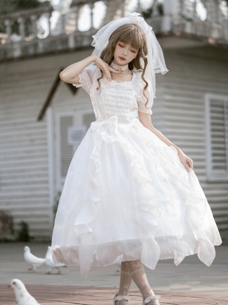 White Lace Satin Mid-Length Princess Line Dress WIT0220