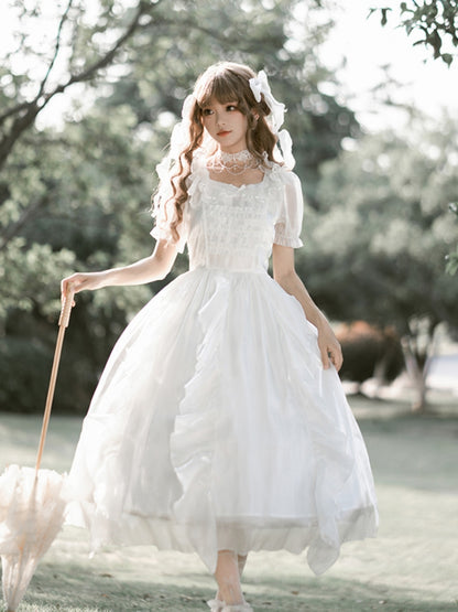 White Lace Satin Mid-Length Princess Line Dress WIT0220