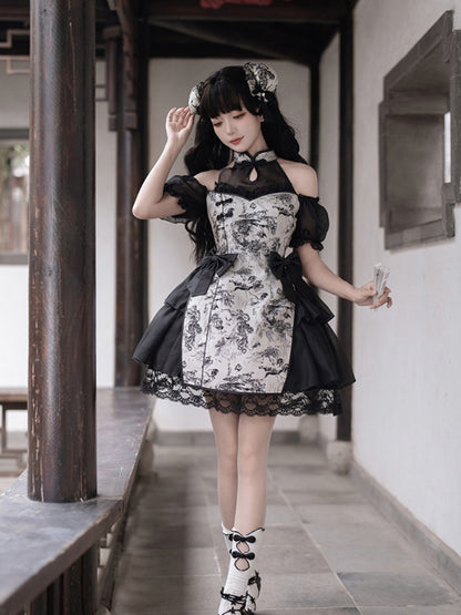 Chinese-Style Print Ribbon Dress WIT0222