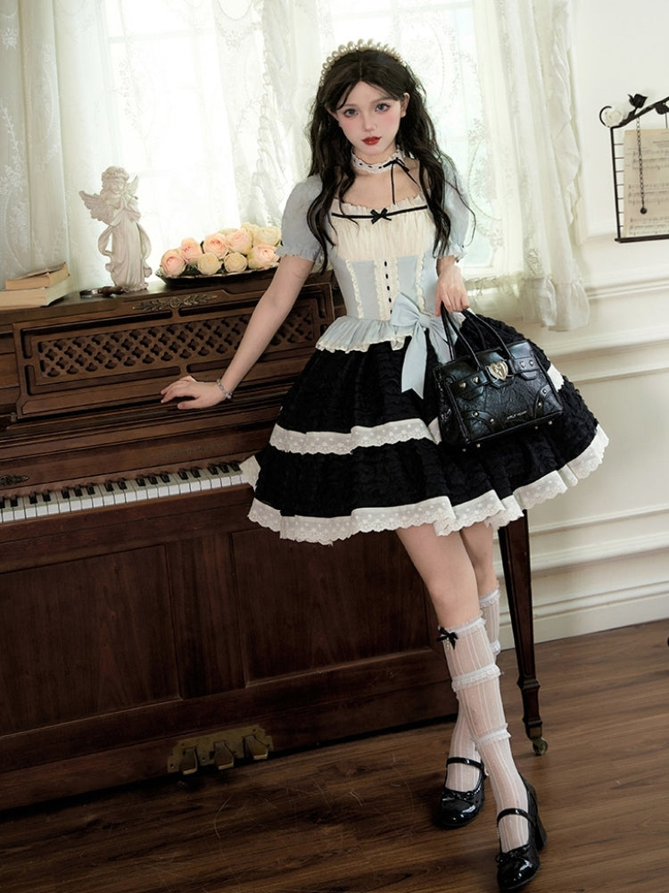 Short Sleeve Mini Ribbon Square Neck Faux Two-Piece Dress WIT0228