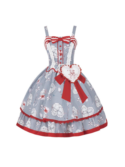 Bear Print Red and Gray Big Heart Ribbon Dress WIT0230