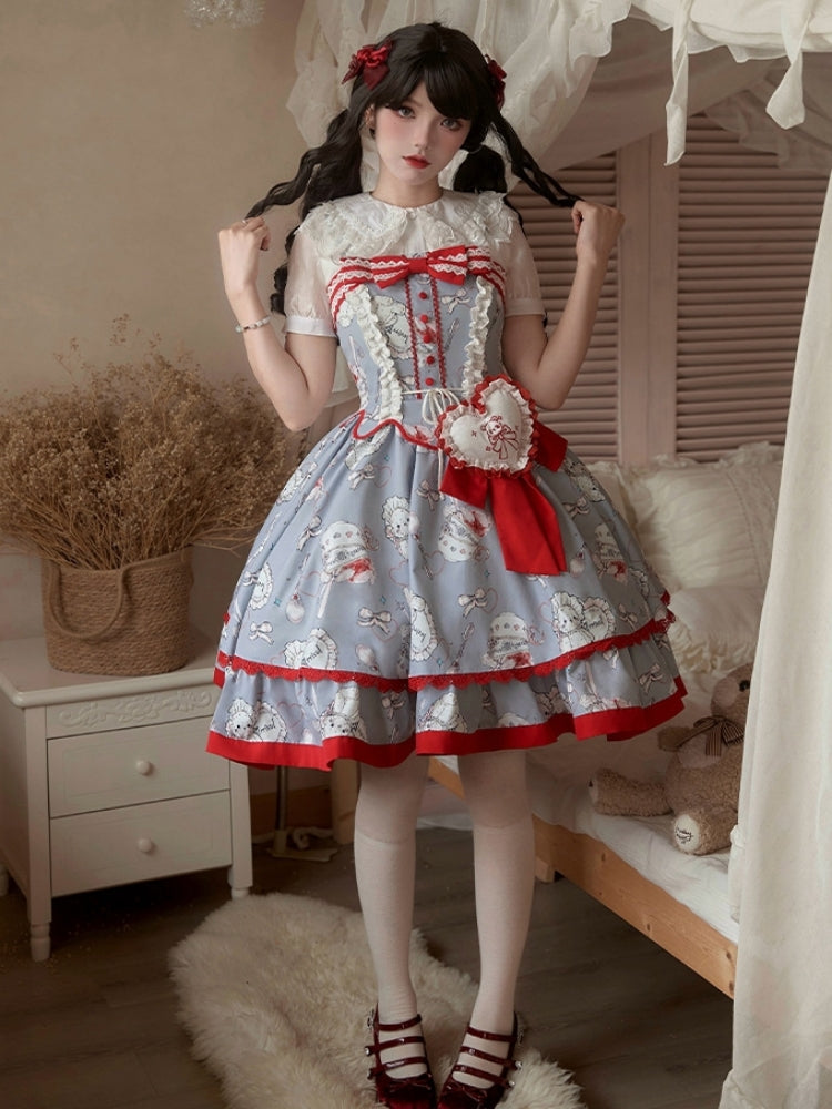 Bear Print Red and Gray Big Heart Ribbon Dress WIT0230