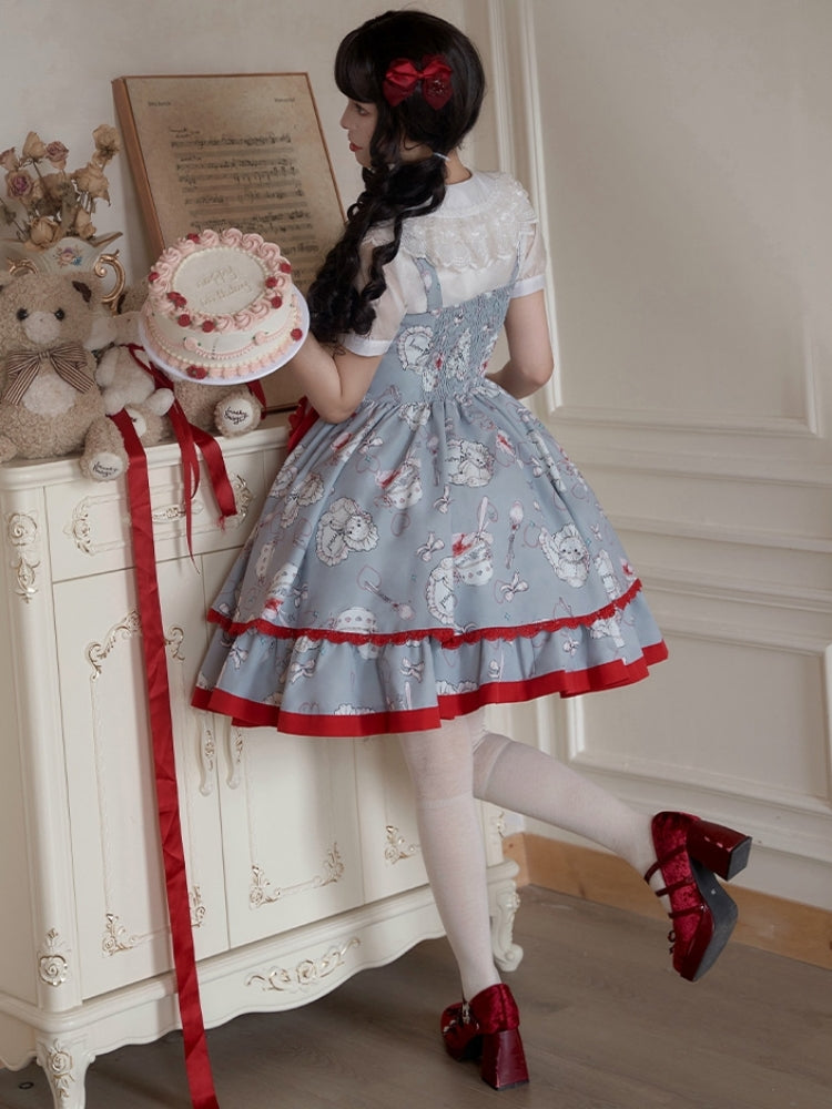 Bear Print Red and Gray Big Heart Ribbon Dress WIT0230