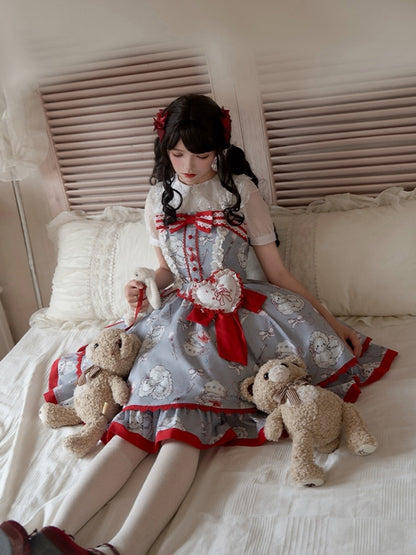 Bear Print Red and Gray Big Heart Ribbon Dress WIT0230