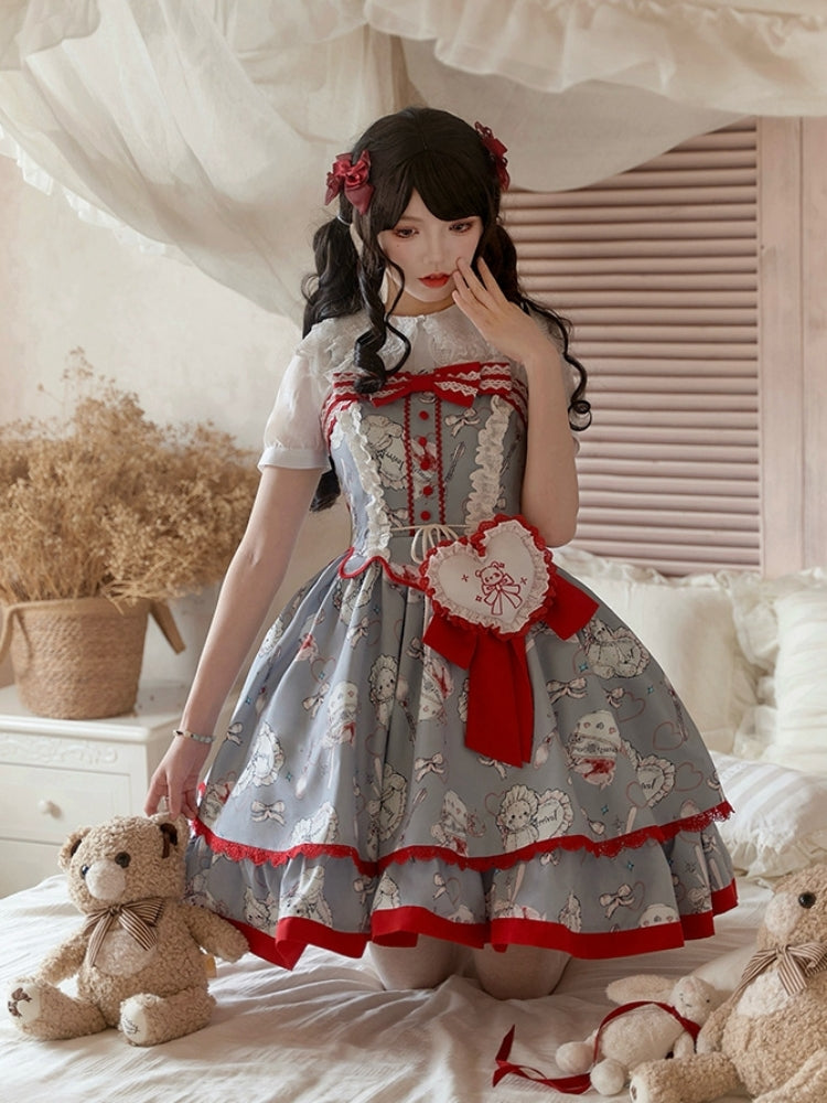 Bear Print Red and Gray Big Heart Ribbon Dress WIT0230