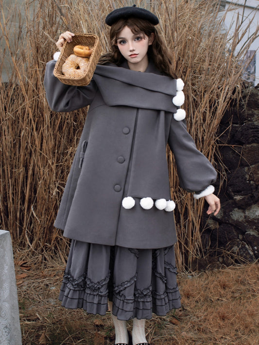 Faux Scarf Pom-Pom Wool Coat WIT0255