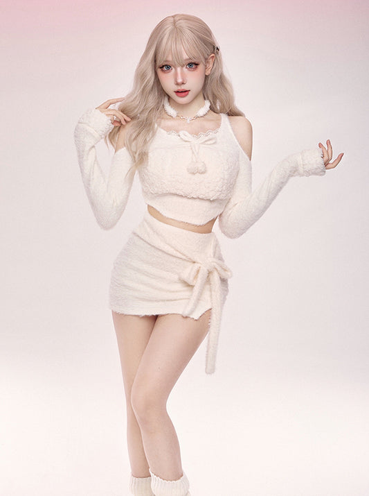 Pure White Fur Top & Fur Slit Skirt & White Bear Hat SER0066