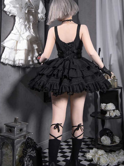 Back Lace-up Suspender Frill Dress CAT0003